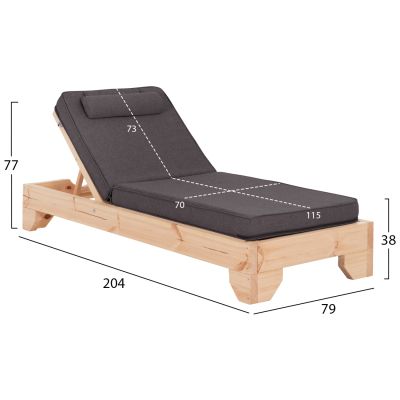 BEACH LOUNGER WITH CUSHION KORINOS HM10778.73 PINE WOOD--OLEFIN COVER IN GREY 79x204x77Hcm.
