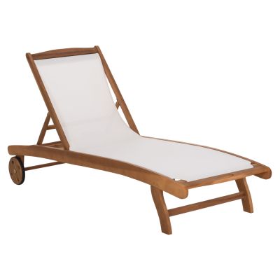 SUNLOUNGER WITH WHEELS LIORA HM6544 ACACIA WOOD--TEXTILENE IN ECRU 196.5x62.5x90Hcm.
