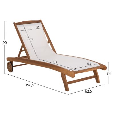 SUNLOUNGER WITH WHEELS LIORA HM6544 ACACIA WOOD--TEXTILENE IN ECRU 196.5x62.5x90Hcm.