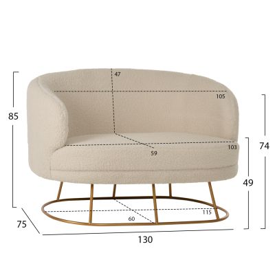 SOFA 2-SEATER ARIEN HM8492.20 ECRU BOUCLE FABRIC AND GOLD METAL BASE 130x75x85Hcm.