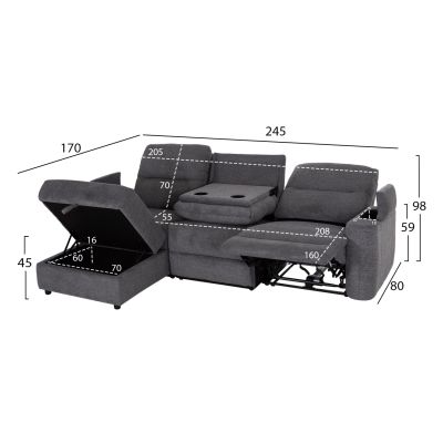 LEFT CORNER SOFA SYNTHIA HM3308.03L RECLINE & STORAGE SPACE--GREY FABRIC 245x170x98Hcm.