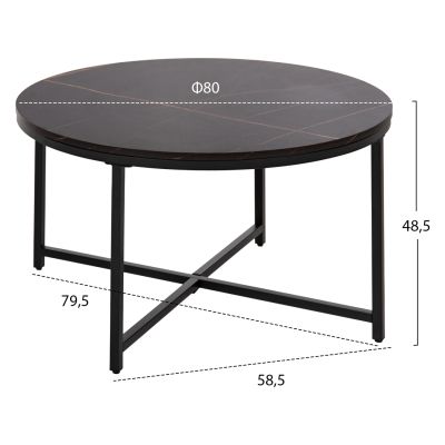 COFFEE TABLE HM9420.03 MELAMINE BLACK MARBLE-BLACK METAL LEGS Φ80x48,5Hcm.