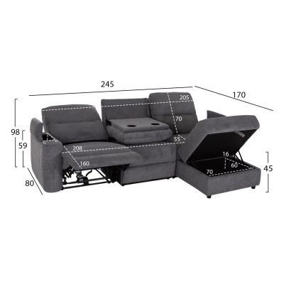 RIGHT CORNER SOFA SYNTHIA HM3308.03R RECLINE & STORAGE SPACE--GREY FABRIC 245x170x98Hcm.