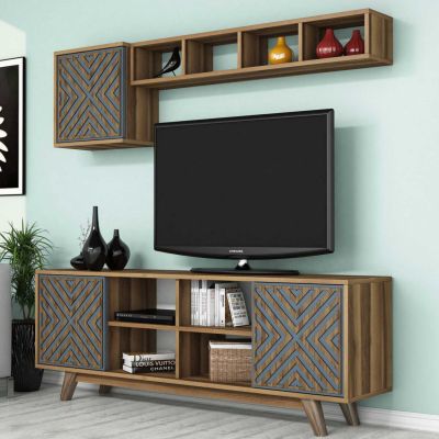 TV FURNITURE SET HM9516.02 MELAMINE IN WALNUT AND SKY BLUE 160x35x56.2Hcm.