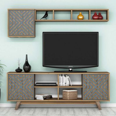 TV FURNITURE SET HM9516.02 MELAMINE IN WALNUT AND SKY BLUE 160x35x56.2Hcm.