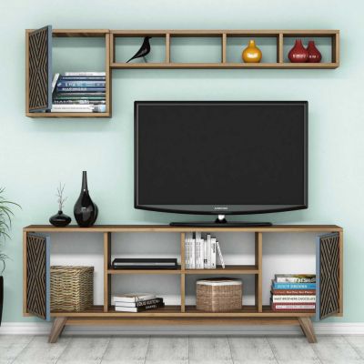 TV FURNITURE SET HM9516.02 MELAMINE IN WALNUT AND SKY BLUE 160x35x56.2Hcm.