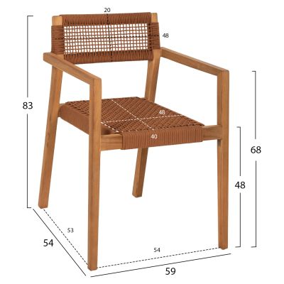 ARMCHAIR CHARLOTTE HM9637.01 TEAK WOOD & BROWN ROPE--B'RATED 59x54x83Hcm.