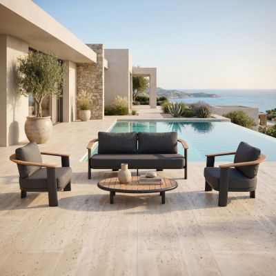 LOUNGE SET 4PCS ROMAN HM6425.01 DARK GREY ALUMINUM & OLEFIN FABRIC--TEAK WOOD