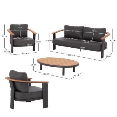 LOUNGE SET 4PCS ROMAN HM6425.01 DARK GREY ALUMINUM & OLEFIN FABRIC--TEAK WOOD