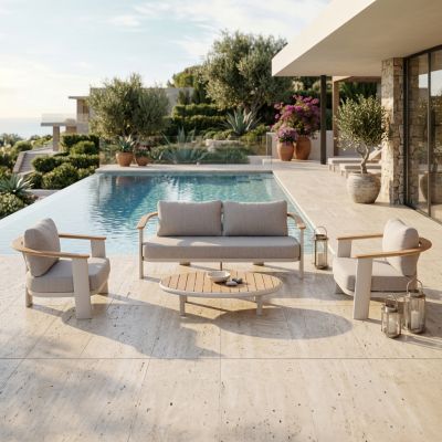 LOUNGE SET 4PCS ROMAN HM6425.02 CREAM WHITE ALUMINUM--BEIGE OLEFIN FABRIC--TEAK WOOD