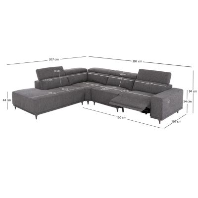 LEFT CORNER 5-SEAT SOFA WITH RECLINE LUNARIS HM3316.01L GREY FABRIC 307x267x94H
