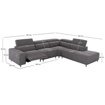 RIGHT CORNER 5-SEAT SOFA WITH RECLINE LUNARIS HM3316.01R GREY FABRIC 307x267x94H