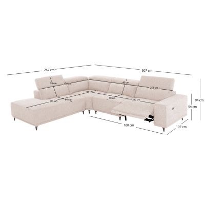 LEFT CORNER 5-SEAT SOFA WITH RECLINE LUNARIS HM3316.02L ECRU FABRIC 307x267x94H