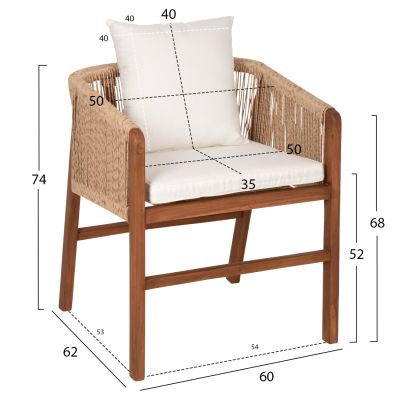 ARMCHAIR TEAK WOOD ROPE CUSHIONS HM9455.01 60x62x74-88 cm.