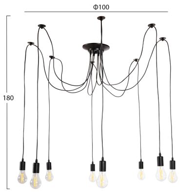 CEILING PENDANT 8-LIGHT HM4176 BLACK METAL-BLACK CABLES Φ100x180Hcm.