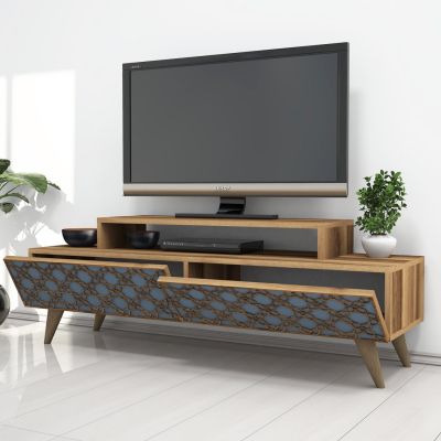 TV STAND MELAMINE HM9510.02 IN WALNUT-SKY BLUE COLOR 140x41.8x48.8Hcm.