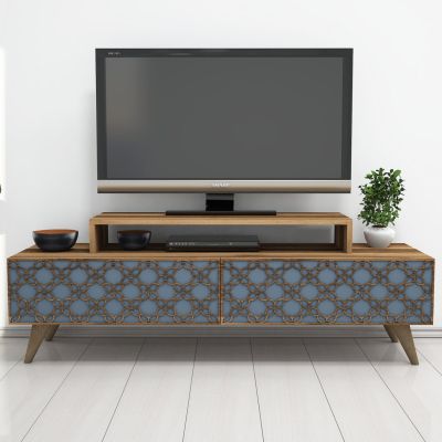 TV STAND MELAMINE HM9510.02 IN WALNUT-SKY BLUE COLOR 140x41.8x48.8Hcm.