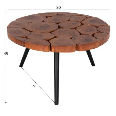 COFFEE TABLE RIBBEN HM9553 SOLID SUAR WOOD IN NATURAL-BLACK METAL LEGS Φ80x45Hcm.