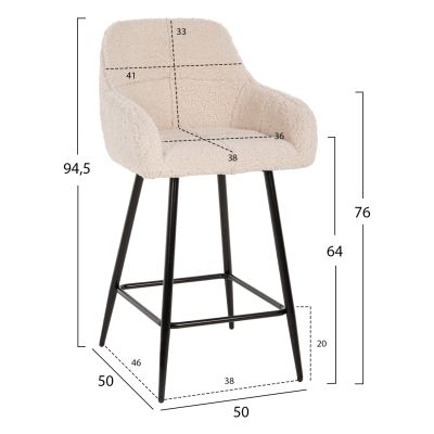 BAR STOOL MEDIUM HEIGHT STRIKE HM8592.02 WHITE TEDDY FABRIC-BLACK METAL LEGS 50x50x94,5Hcm.