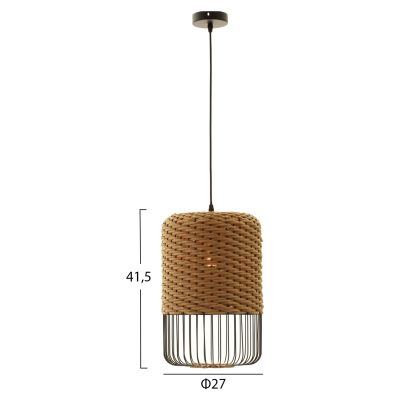 CEILING PENDANT LAMP HM4340 SAND BEIGE PAPER ROPE-BLACK METAL FRAME Φ26x40-120Hcm.