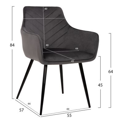 ARMCHAIR LATRELL HM8582.01 GREY VELVET & BLACK METAL LEGS 55x57x84Hcm.