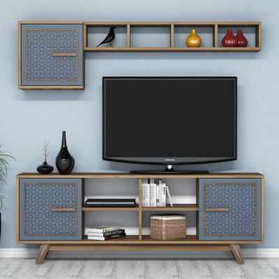 TV FURNITURE SET HM9513.02 MELAMINE IN WALNUT AND BLUE COLOR 160x35x56.2Hcm.