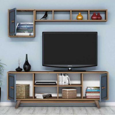 TV FURNITURE SET HM9513.02 MELAMINE IN WALNUT AND BLUE COLOR 160x35x56.2Hcm.