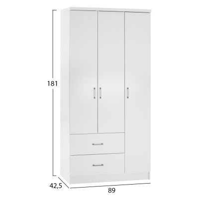 WARDROBE WITH 3 DOORS AND 2 DRAWERS HM340.05 IN WHITE 89x42,5x181 cm.