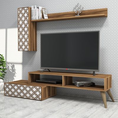 TV FURNITURE SET HM9518.04 MELAMINE IN WALNUT AND WHITE COLOR 150x37.2x37.8Hcm.