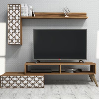 TV FURNITURE SET HM9518.04 MELAMINE IN WALNUT AND WHITE COLOR 150x37.2x37.8Hcm.