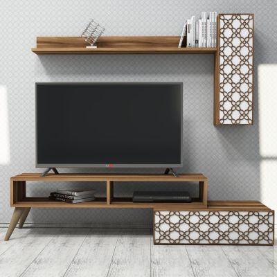 TV FURNITURE SET HM9518.04 MELAMINE IN WALNUT AND WHITE COLOR 150x37.2x37.8Hcm.