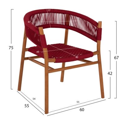 DINING ARMCHAIR IRVING HM9797 TEAK WOOD IN NATURAL COLOR AND BURGUNDY RED ROPE 60x55x75Hcm.