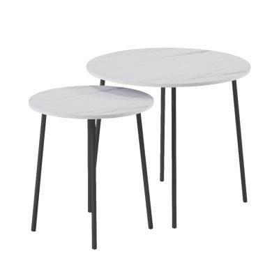 COFFEE TABLES 2PCS ROUND CUPPER HM9878.12 MELAMINE IN WHITE MARBLE-BLACK METAL Φ55x45Hcm.