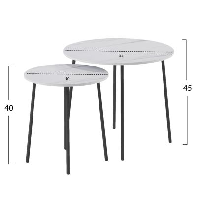 COFFEE TABLES 2PCS ROUND CUPPER HM9878.12 MELAMINE IN WHITE MARBLE-BLACK METAL Φ55x45Hcm.