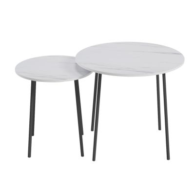 COFFEE TABLES 2PCS ROUND CUPPER HM9878.12 MELAMINE IN WHITE MARBLE-BLACK METAL Φ55x45Hcm.