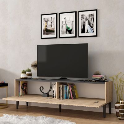 TV FURNITURE MELAMINE NATURAL COLOR AND BLACK MARBLE LOOK TOP 154x37x45Hcm.HM9435.01