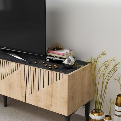 TV FURNITURE MELAMINE NATURAL COLOR AND BLACK MARBLE LOOK TOP 154x37x45Hcm.HM9435.01