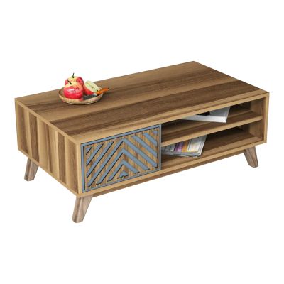 COFFEE TABLE HM9502.02 MELAMINE WITH CABINET WALNUT & BLUE 105x60x38.2Hcm.