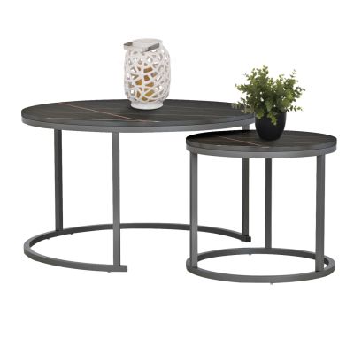 COFFEE TABLES SET 2PCS MDF BLACK MARBLE LOOK BLACK METALLIC LEGS Φ80x48cm.HM8763.13