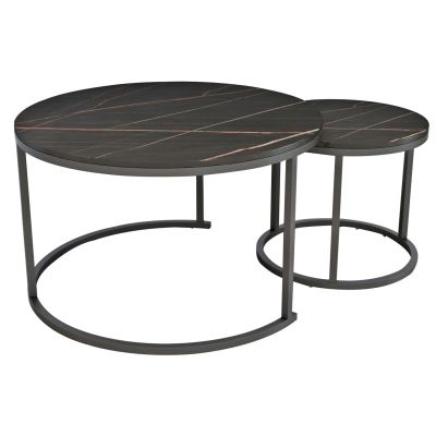 COFFEE TABLES SET 2PCS MDF BLACK MARBLE LOOK BLACK METALLIC LEGS Φ80x48cm.HM8763.13