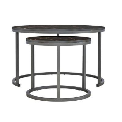 COFFEE TABLES SET 2PCS MDF BLACK MARBLE LOOK BLACK METALLIC LEGS Φ80x48cm.HM8763.13