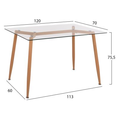 Kitchen Table Metallic Natural legs with Glass HM8498.02 120x70x75.5cm