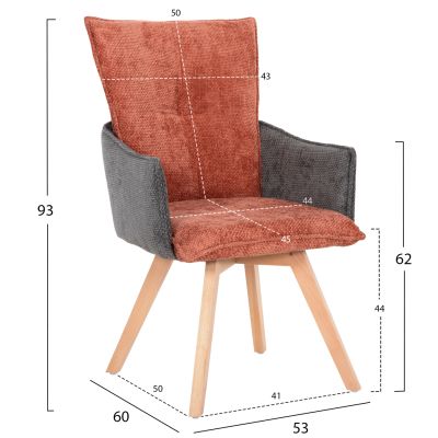 DINING ARMCHAIR REX HM9847.06 BRICK RED-GREY FABRIC-BEECH WOOD LEGS 53x60x93Hcm.