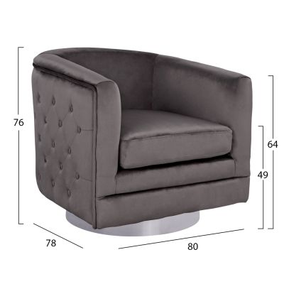 Armchair from velvet HM8494.01 in Grey color with silver base 80x80x76 cm