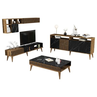 LIVING ROOM COMPOSITION HM11845.02 3PCS WALNUT-BLACK MARBLE LOOK