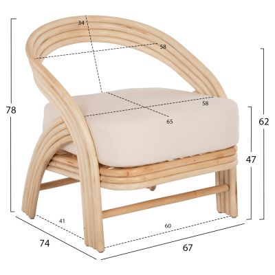 КРЕСЛО DONITA HM9838 НАТУРАЛЕН РАТАН С БЯЛА ВЪЗГЛАВНИЦА 67x74x78Hcm.