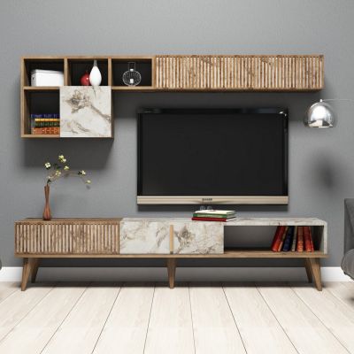 TV FURNITURE MELAMINE IN WALNUT AND WHITE MARBLE 180x35x40Hcm.HM9438.01