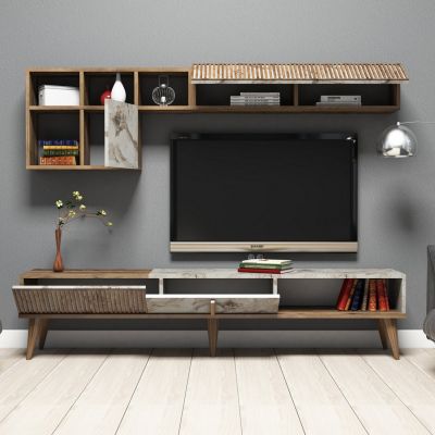 TV FURNITURE MELAMINE IN WALNUT AND WHITE MARBLE 180x35x40Hcm.HM9438.01