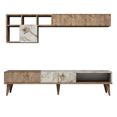 TV FURNITURE MELAMINE IN WALNUT AND WHITE MARBLE 180x35x40Hcm.HM9438.01