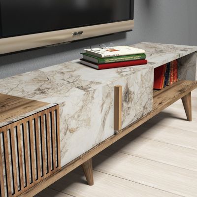 TV FURNITURE MELAMINE IN WALNUT AND WHITE MARBLE 180x35x40Hcm.HM9438.01